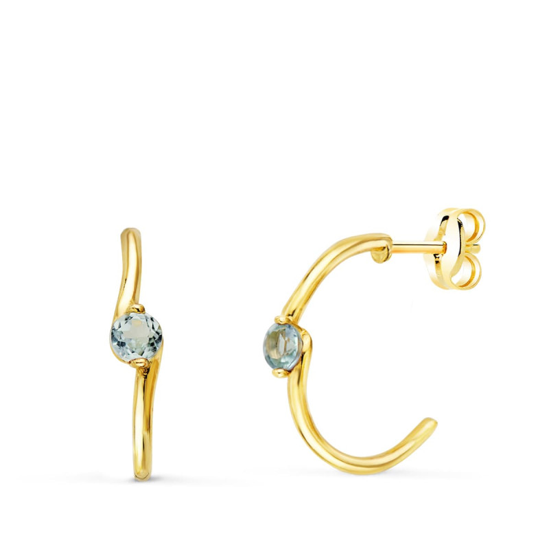 18K PENDIENTES ORO AMARILLO MEDIO ARO LISO CON AGUAMARINA 15X3 MM CIERRE PRESION.