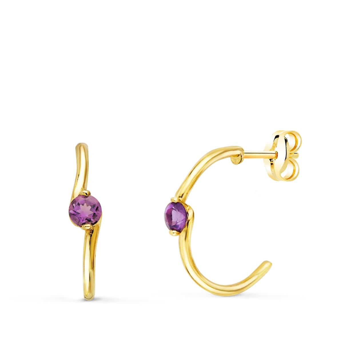 18K PENDIENTES ORO AMARILLO MEDIO ARO LISO CON AMATISTA 15X3 MM CIERRE PRESION.