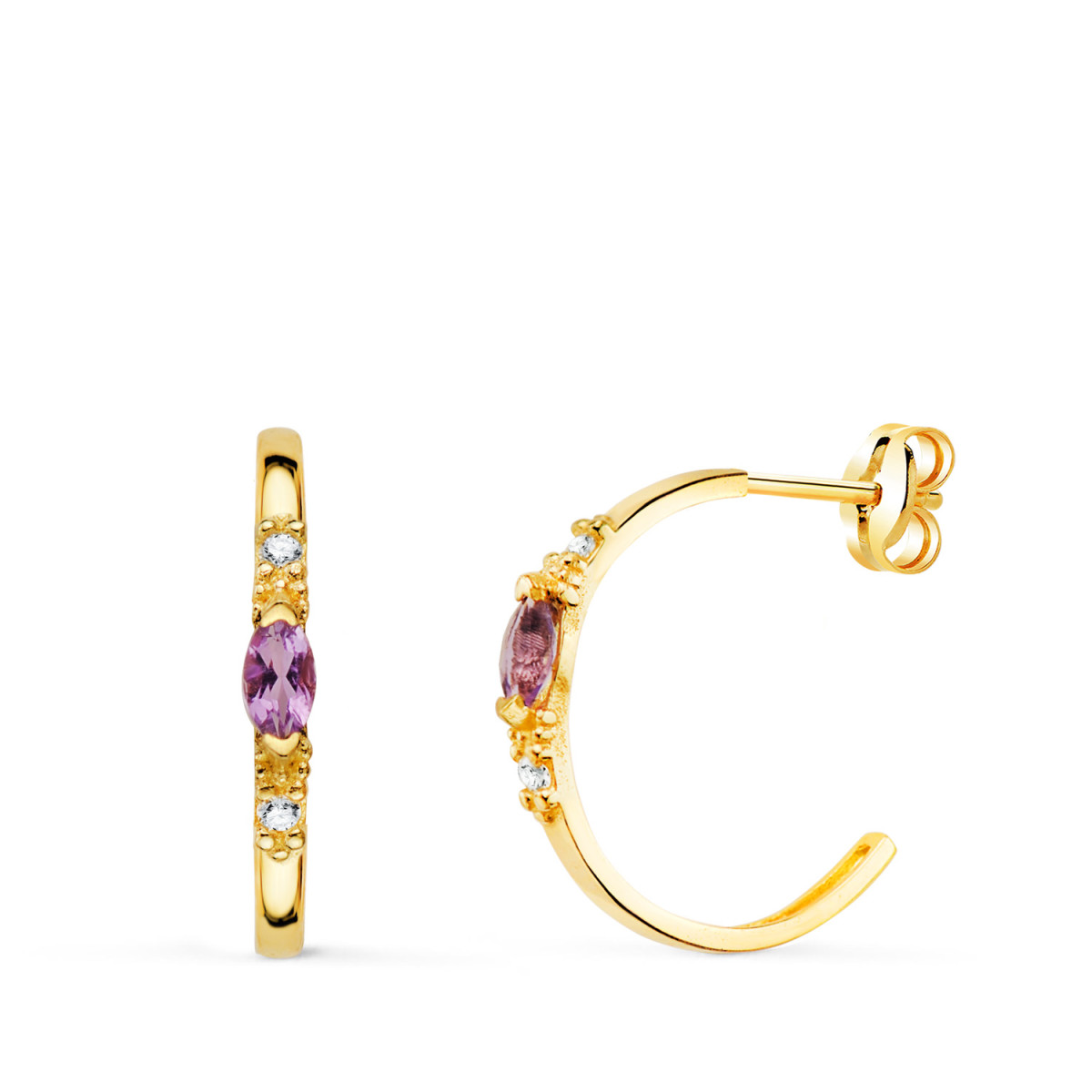 18K PENDIENTES ORO AMARILLO MEDIO ARO AMATISTA TALLA MARQUISE. 15X2 MM. CIERRE PRESION