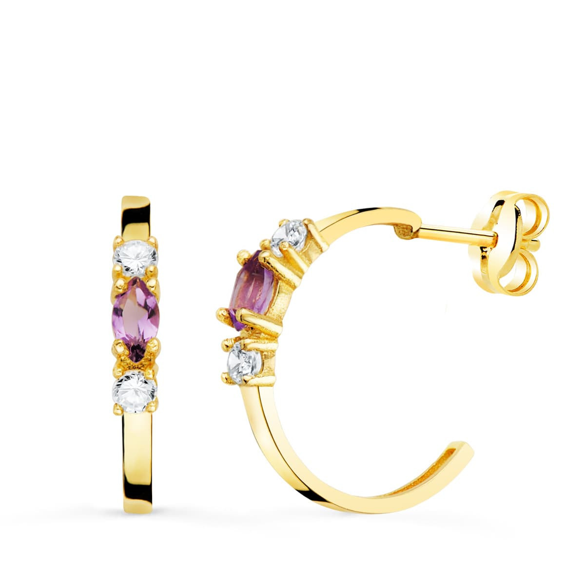 18K PENDIENTES ORO AMARILLO MEDIO ARO AMATISTA TALLA MARQUISE. 15X2 MM PRESION