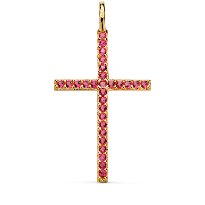 18K CRUZ ORO AMARILLO CON CIRCONITA ROJAS 37 X 19 MM. ANILLA FIJA