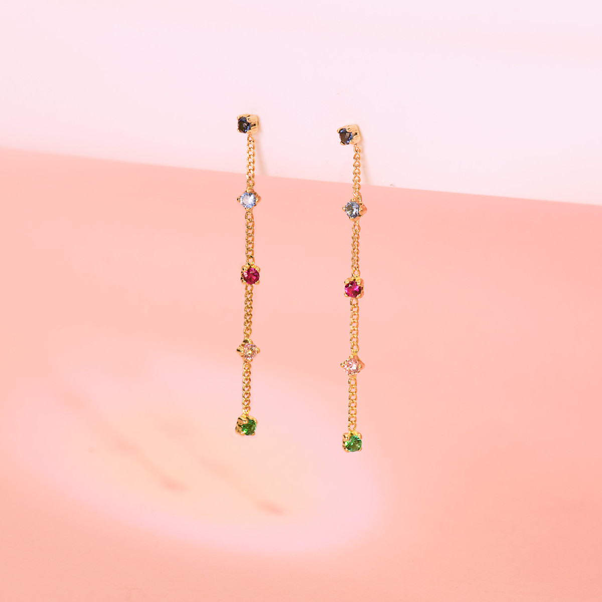 18K PENDIENTES ORO AMARILLO LARGOS CON CADENA Y CIRCONITA COLORES 39 MM. CIERRE PRESION