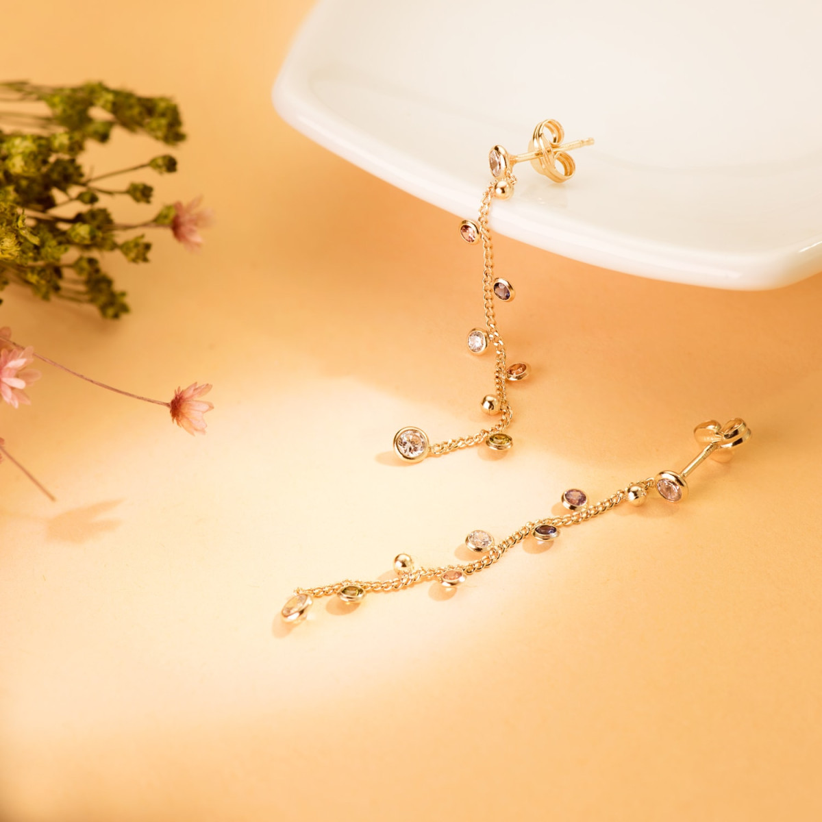 18K PENDIENTES ORO AMARILLO LARGOS CON CADENA Y CIRCONITA COLORES 45 MM. CIERRE PRESION