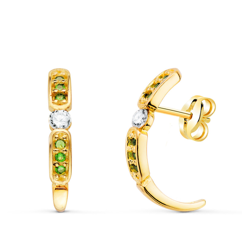 18K PENDIENTES ORO AMARILLO MEDIO ARO ABIERTO CON CIRCONTIAS VERDES 16 X 3 MM. CIERRE PRESION