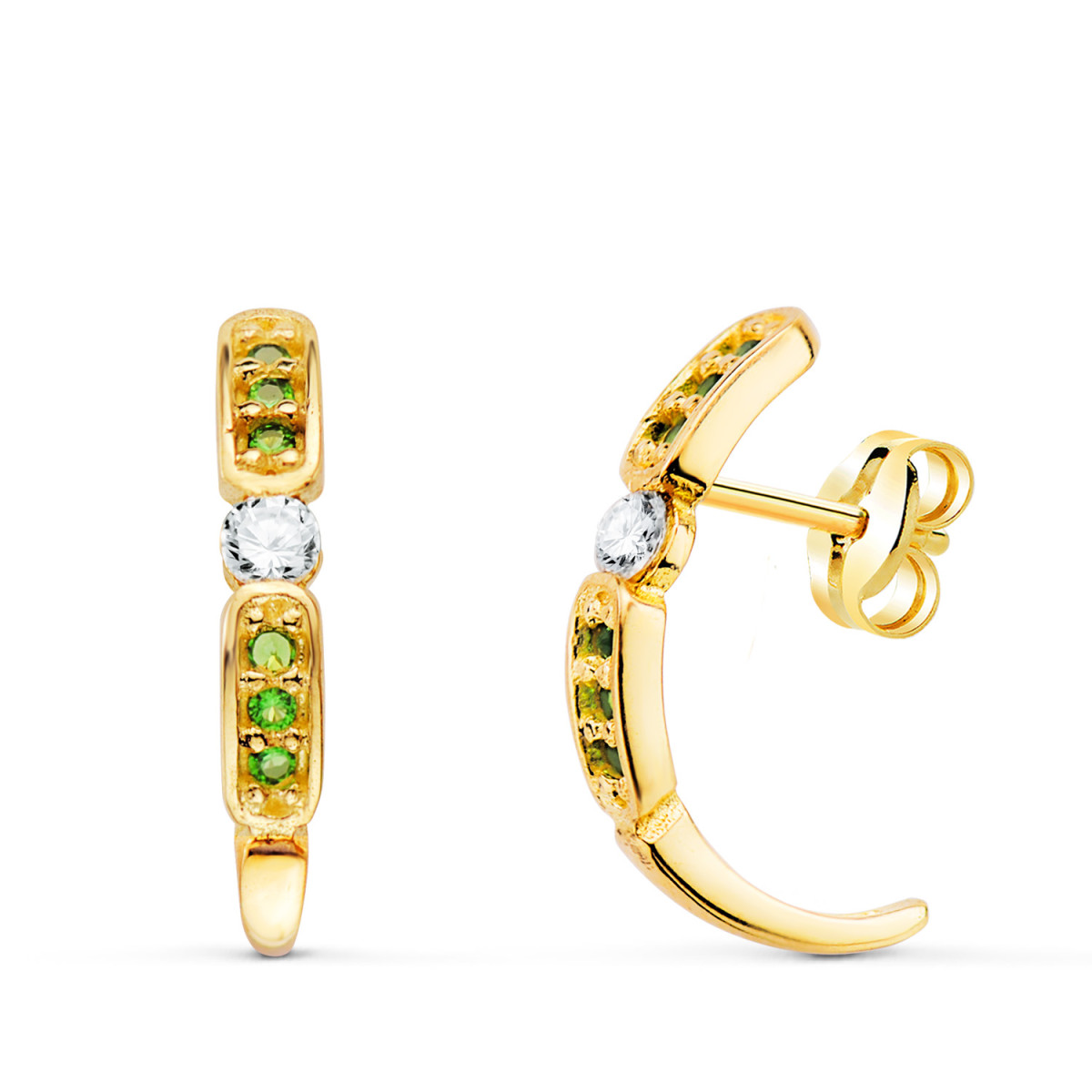 18K PENDIENTES ORO AMARILLO MEDIO ARO ABIERTO CON CIRCONTIAS VERDES 16 X 3 MM. CIERRE PRESION