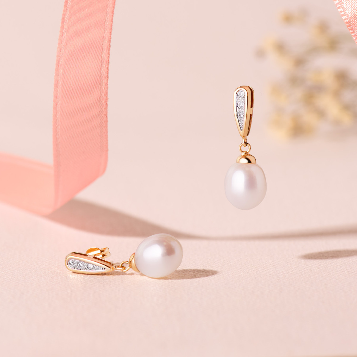 18K PENDIENTES ORO BICOLOR DOS CUERPOS CON PERLAS Y CIRCONITA 25 X 9MM PRESION