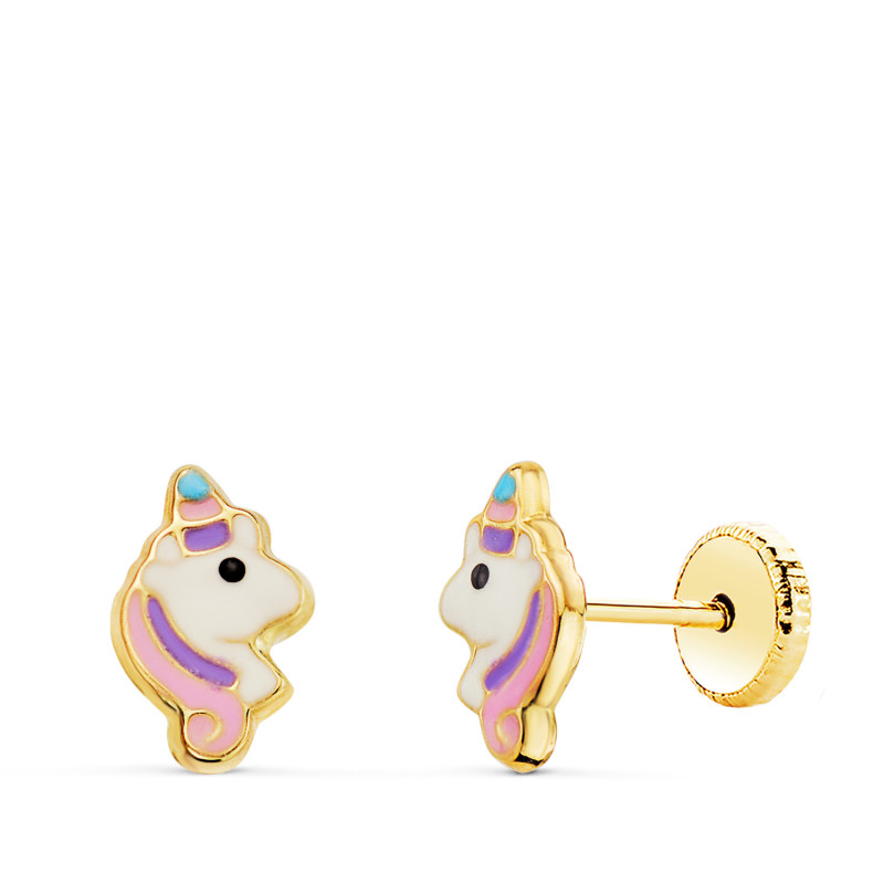 18K PENDIENTES ORO AMARILLO UNICORNIOS ESMALTADOS CIERRE TUERCA 8 X 5 MM