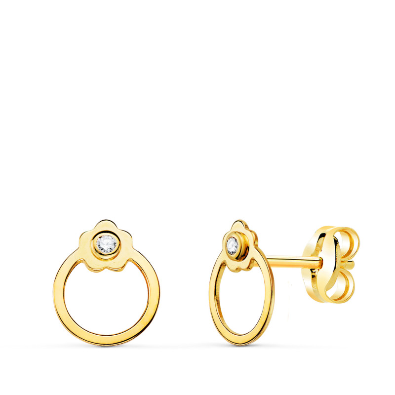 18K PENDIENTES ORO AMARILLO REDONDOS CON FLOR Y CIRCONITA. CIERRE PRESION 8 X 6 MM