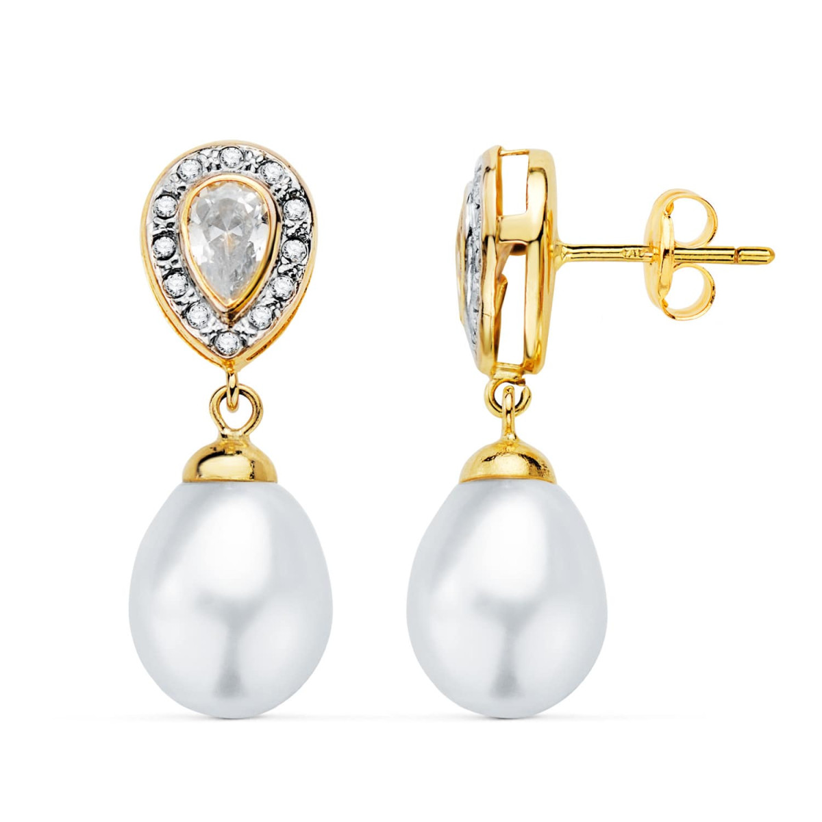 18K PENDIENTES ORO BICOLOR DOS CUERPOS CON PERLAS Y CIRCONITA 25 X 8MM PRESION