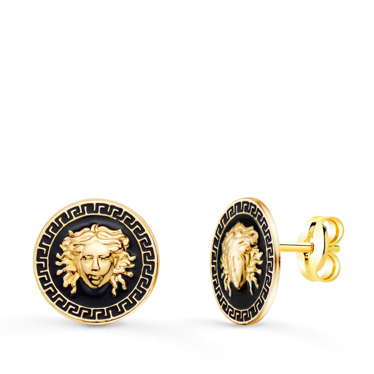 18K PENDIENTES ORO AMARILLO MEDUSA Y BORDE DE GRECA ESMALTE NEGRO. ANCHO: 12 MM. CIERRE PRESION
