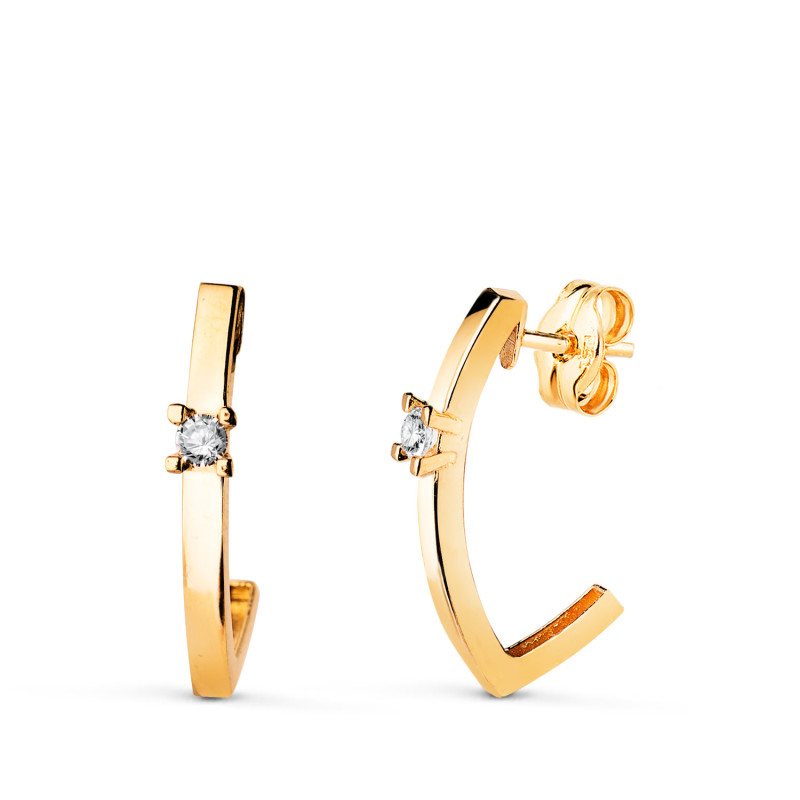 18K PENDIENTES ORO AMARILLO MEDIO ARO LISO BANDA CIRCONITA 16 X 3 MM CIERRE PRESION.