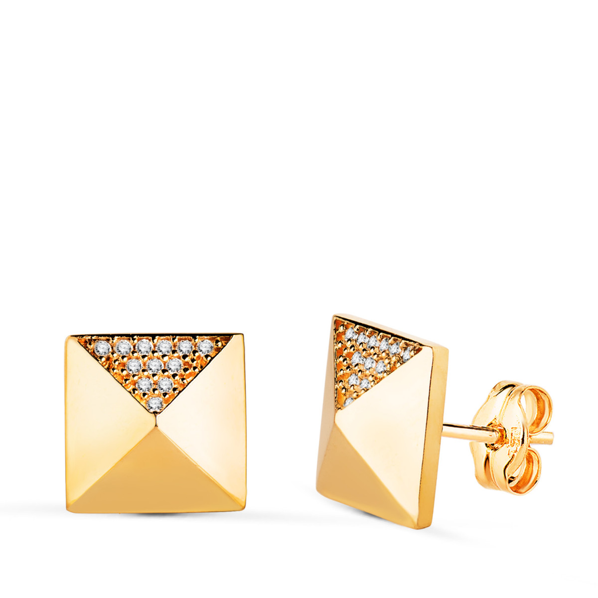 18K PENDIENTES ORO AMARILLO CUADRADOS PICO CON CIRCONITAS EN BRILLO. MEDIDA: 10 X 10 MM. CIERRE PRESION
