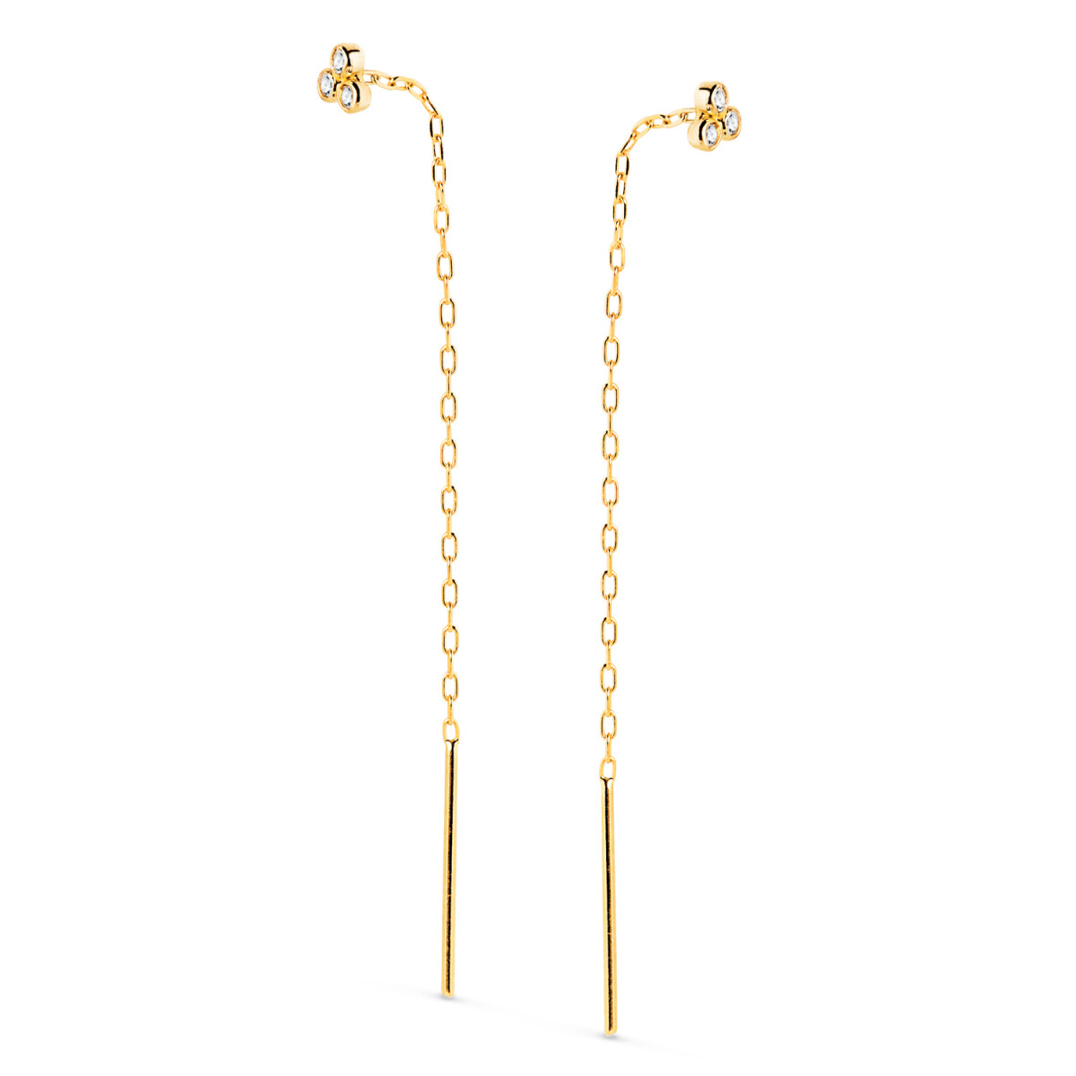 18K PENDIENTES ORO AMARILLO CON TRES CIRCONITA 3X3MM Y CADENA. LARGO: 56MM CIERRE PRESION