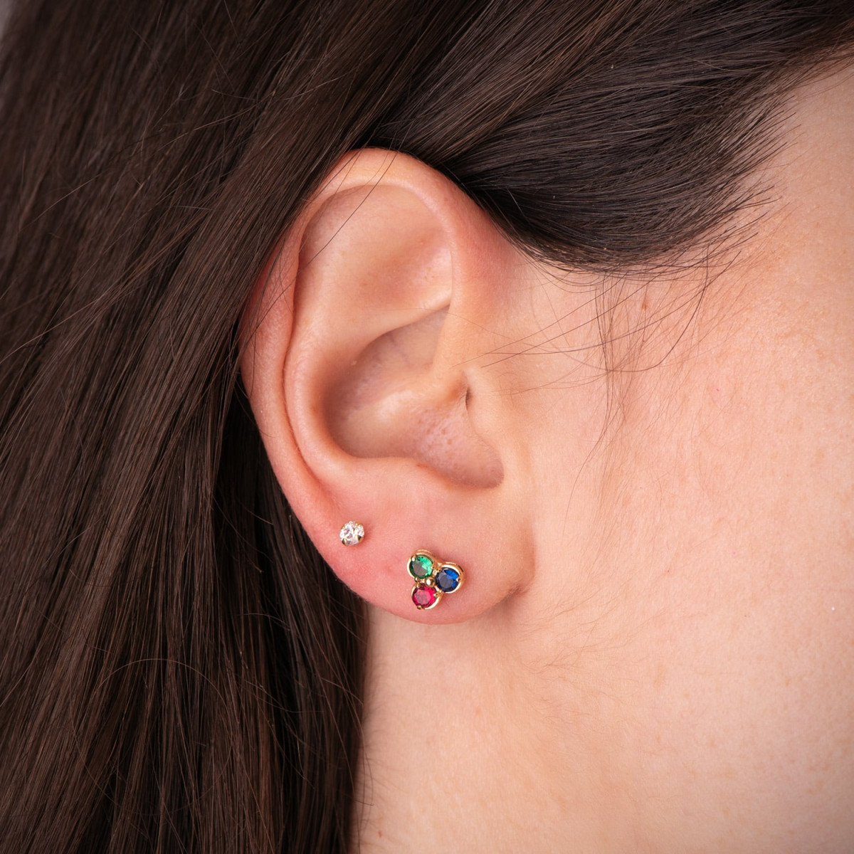 18K PENDIENTES ORO AMARILLO TREBOL PIEDRAS COLORES 7 X 6,5 MM CIERRE PRESION