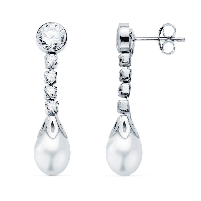 18K PENDIENTES ORO BLANCO PERLA Y CHATON CON CIRCONITA 27 X 6.5MM. CIERRE PRESION