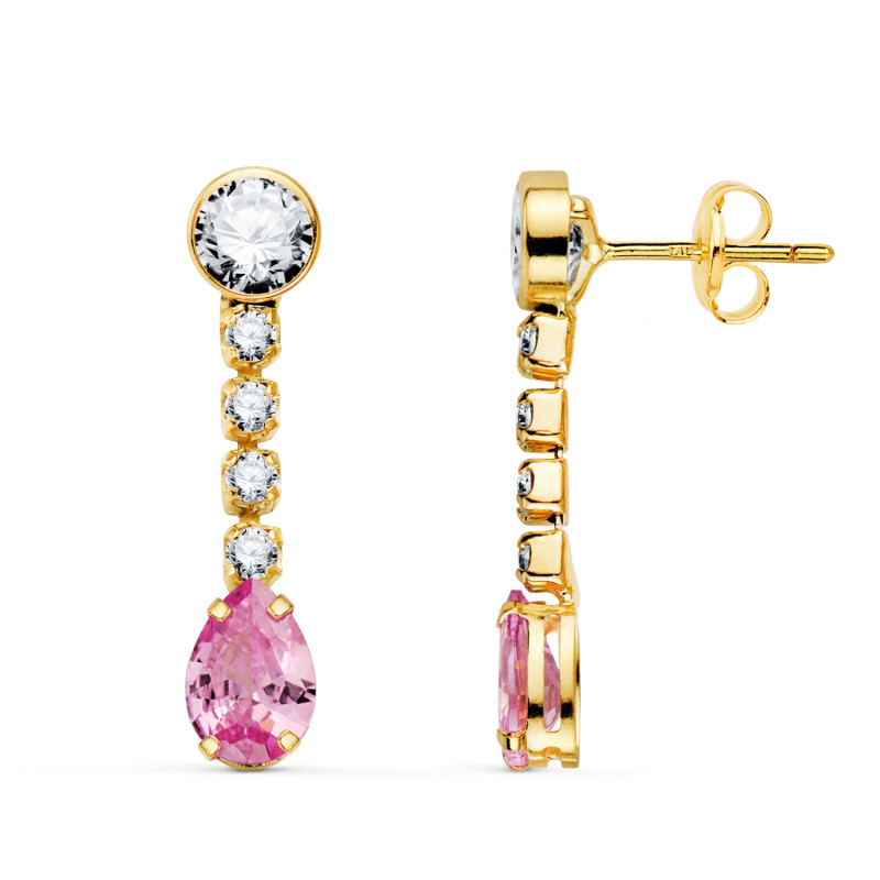 18K PENDIENTES ORO AMARILLO CIRCONITA ROSA EN FORMA DE GOTA Y CIRCONITAS. 22X5 MM. CIERRE PRESION
