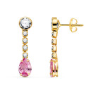 18K PENDIENTES ORO AMARILLO CIRCONITA ROSA EN FORMA DE GOTA Y CIRCONITAS. 22X5 MM. CIERRE PRESION