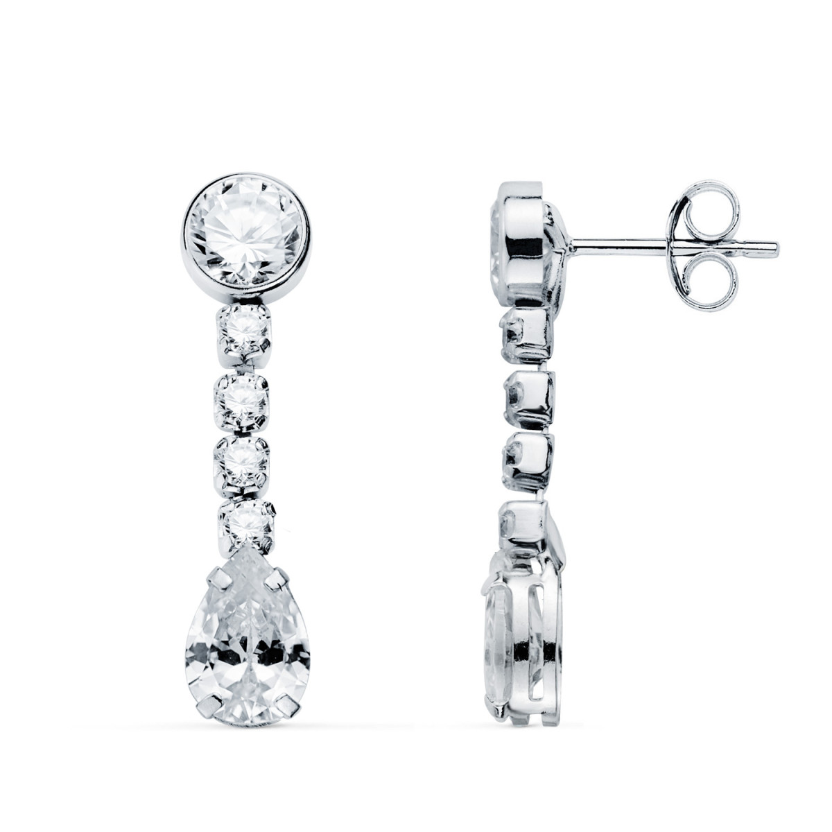 18K PENDIENTES ORO BLANCO CIRCONITA EN FORMA DE GOTA Y CIRCONITAS. 22X5 MM. CIERRE PRESION