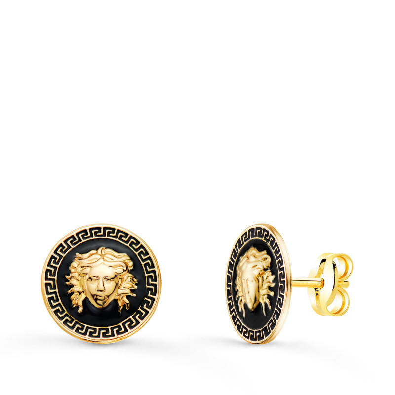 18K PENDIENTES ORO AMARILLO MEDUSA Y BORDE DE GRECA ESMALTE NEGRO. ANCHO: 10 MM. CIERRE PRESION