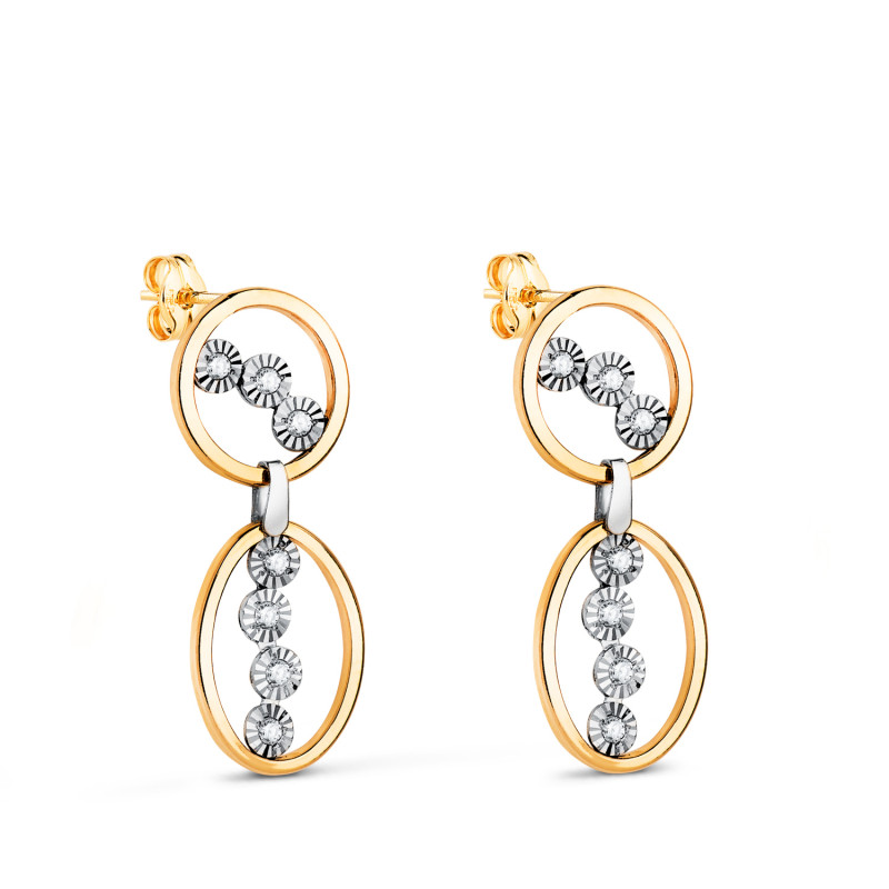 18K PENDIENTES ORO BICOLOR LARGOS DOS AROS CON CIRCONITAS. MEDIDA: 25 X 9 MM. CIERRE PRESION