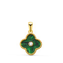 18K COLGANTE AMULETO ORO AMARILLO TREBOL CERCO BOLITAS Y MALAQUITA CON CIRCONITA 12,5X12,5 MM.