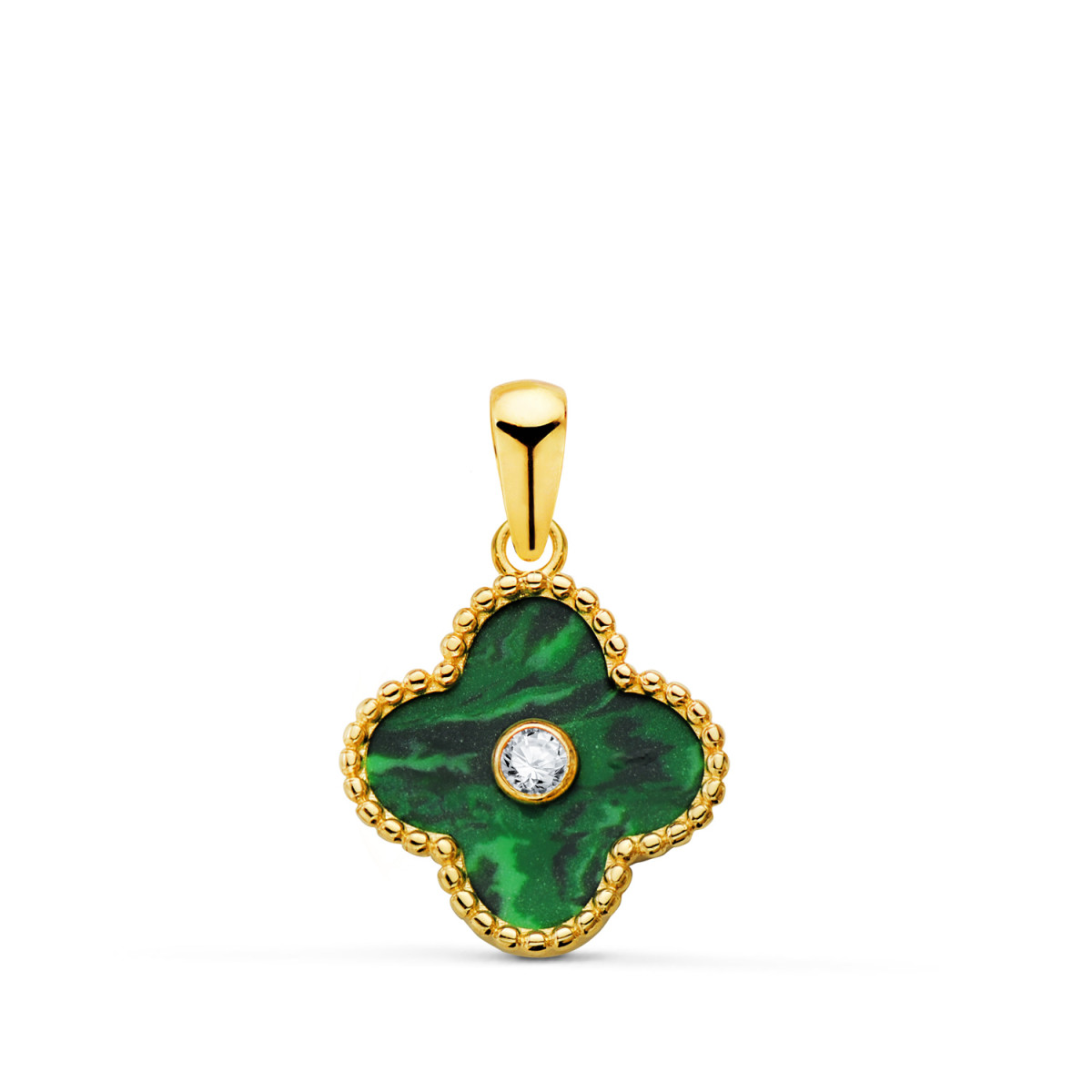 18K COLGANTE AMULETO ORO AMARILLO TREBOL CERCO BOLITAS Y MALAQUITA CON CIRCONITA 12,5X12,5 MM.