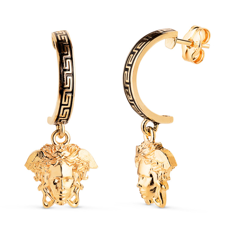 18K AROS ORO AMARILLO MEDIO ARO ESMALTE GRECA 11 X 2 MM Y MEDUSA 9MM. CIERRE PRESION