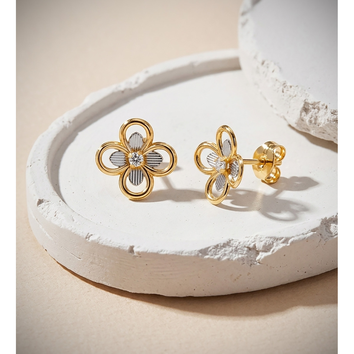 18K PENDIENTES ORO BICOLOR CUATREBOL CON CIRCONITAS. MEDIDA: 8X8 MM. CIERR PRESION