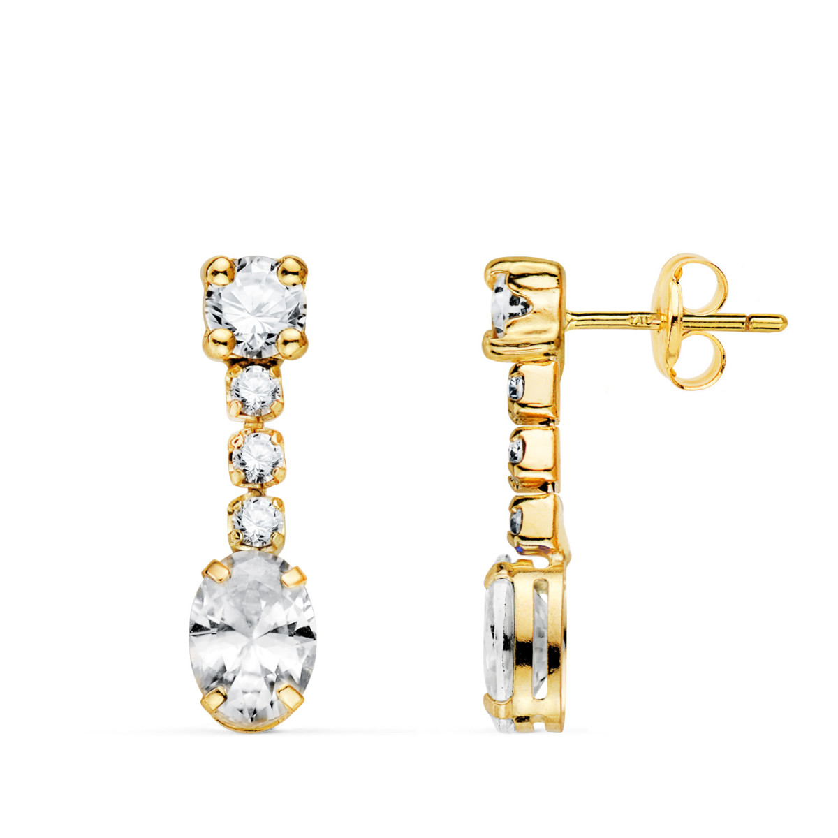 18K PENDIENTES ORO AMARILLO CIRCONITA BLANCA EN FORMA OVAL Y CIRCONITAS. 20X5 MM. CIERRE PRESION