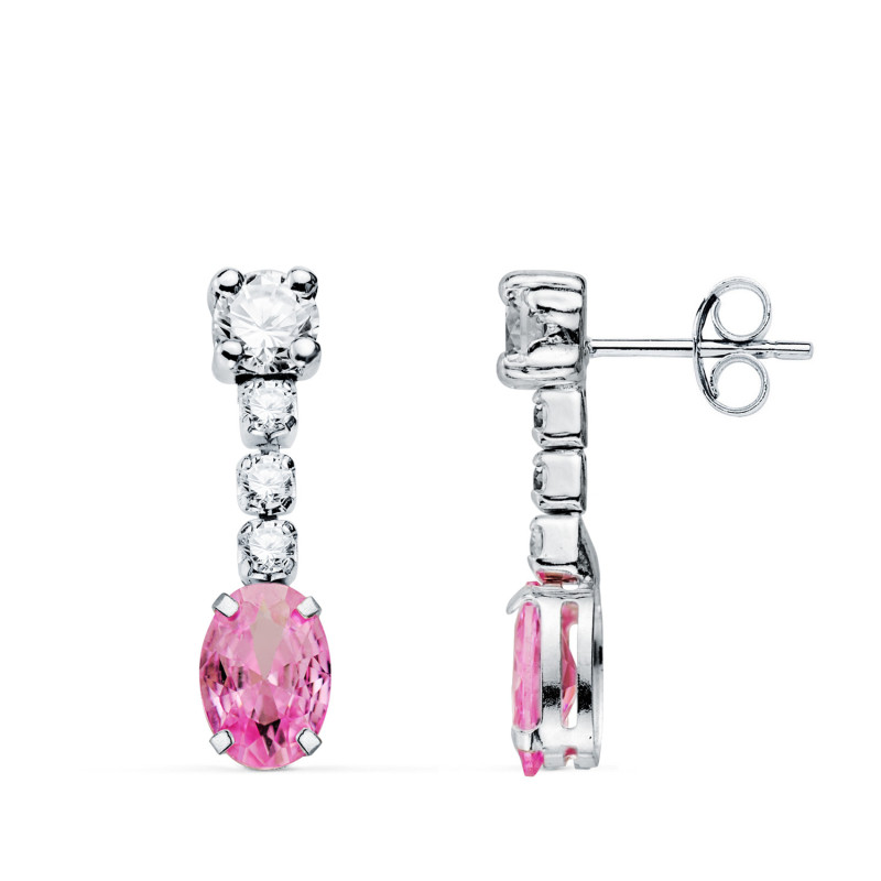 18K PENDIENTES ORO BLANCO CIRCONITA ROSA EN FORMA OVAL Y CIRCONITAS. 20X5 MM. CIERRE PRESION