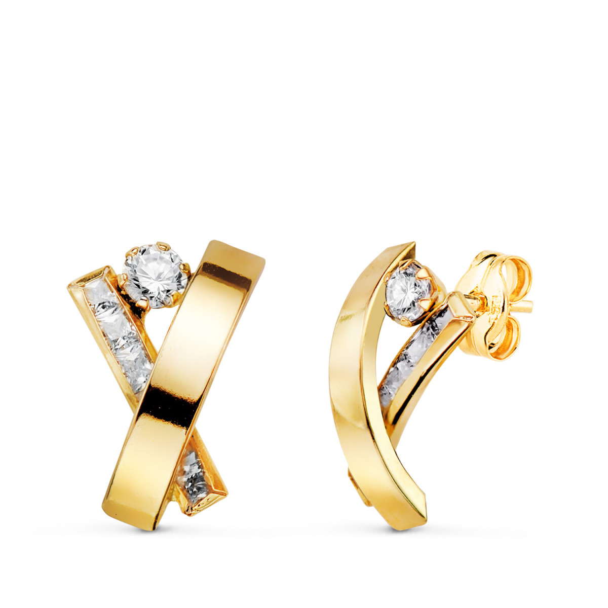 18K PENDIENTES ORO AMARILLO BANDAS CON CARRÉ DE CIRCONITAS. MEDIDA: 14 X 9 MM. CIERRE PRESION