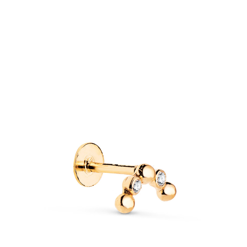 18K PIERCING DE OREJA ORO AMARILLO ARCO CON CIRCONITAS Y BOLAS. GRUESO BARRA 1.20 MM. MEDIDA: 8 X 4,5 MM. CIERRE TUERCA