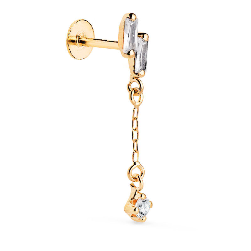 18K PIERCING DE OREJA ORO AMARILLO CON 2 CIRCONITAS BAGUETTE Y CADENA. GRUESO BARRA 1.20 MM. MEDIDA: 24 X 4 MM. CIERRE TUERCA