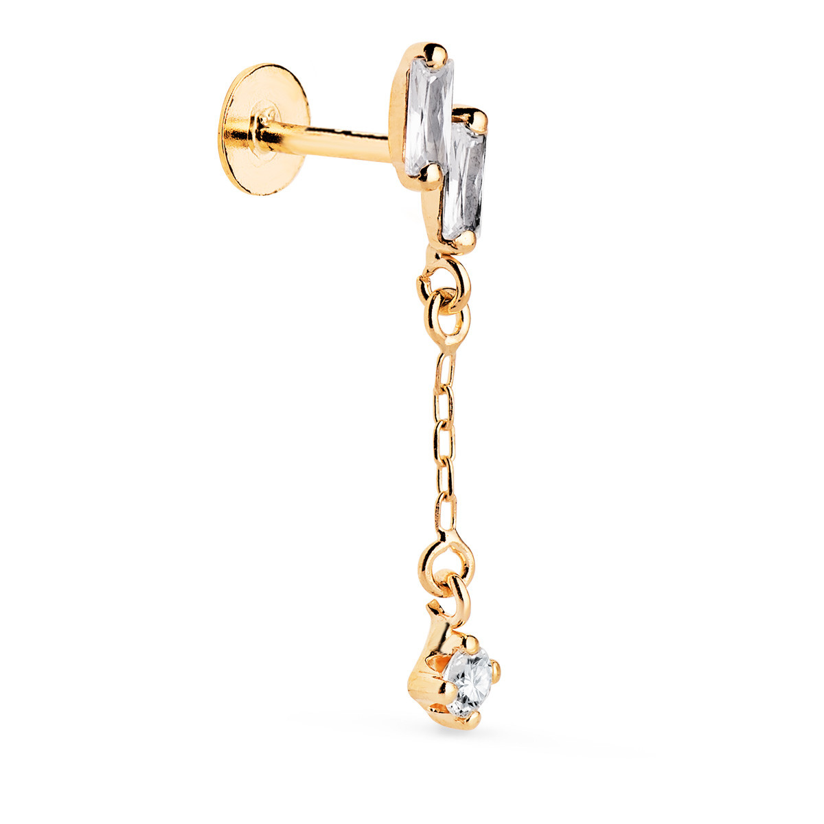 18K PIERCING DE OREJA ORO AMARILLO CON 2 CIRCONITAS BAGUETTE Y CADENA. GRUESO BARRA 1.20 MM. MEDIDA: 24 X 4 MM. CIERRE TUERCA