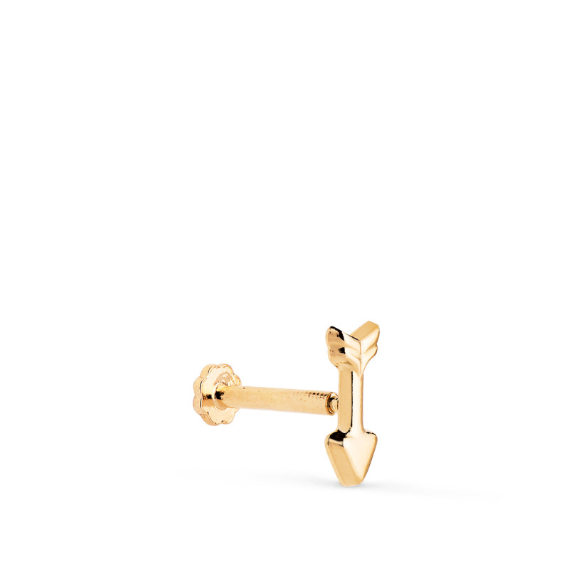 18K PIERCING DE OREJA ORO AMARILLO FLECHA 9X3,5 MM. GRUESO BARRA 1.20 MM. CIERRE TUERCA