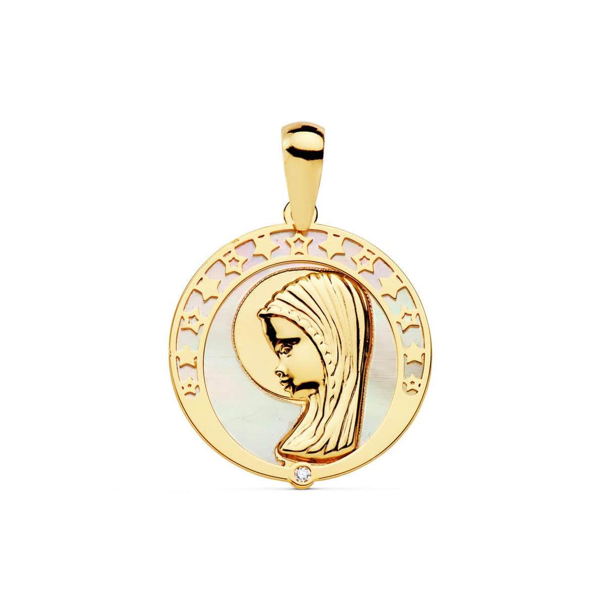 18K MEDALLA ORO AMARILLO VIRGEN NIÑA NACAR CIRCONITA 17 MM