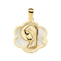 18K MEDALLA ORO AMARILLO FLOR CON VIRGEN NIÑA NACAR 18X17 MM
