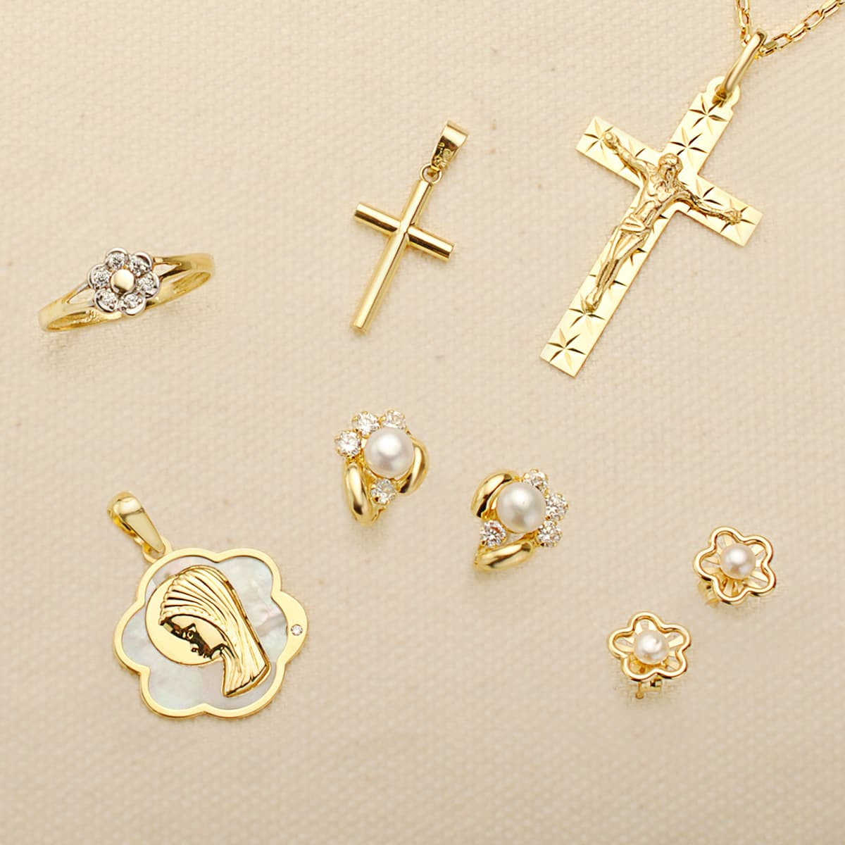 18K MEDALLA ORO AMARILLO FLOR CON VIRGEN NIÑA NACAR 18X17 MM