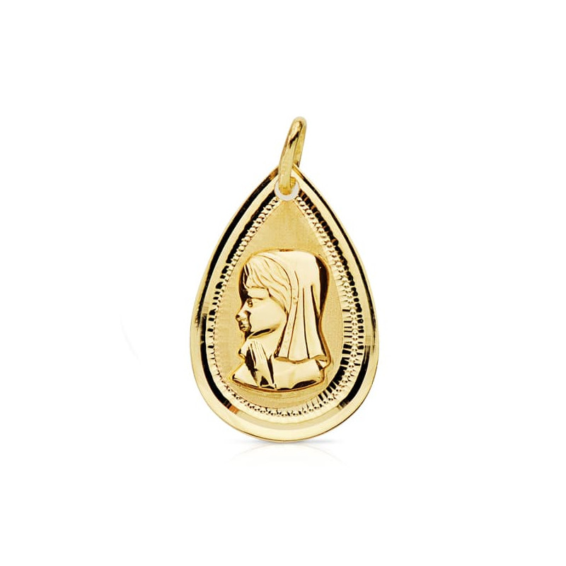 18K MEDALLA ORO AMARILLO VIRGEN NIÑA LAGRIMA BISEL 20X14 MM