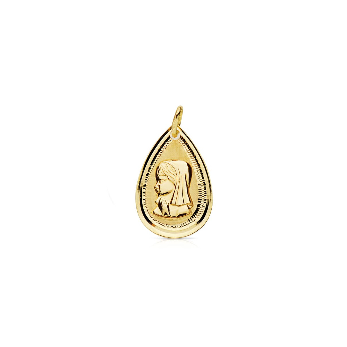 18K MEDALLA ORO AMARILLO VIRGEN NIÑA LAGRIMA BISEL 20X14 MM