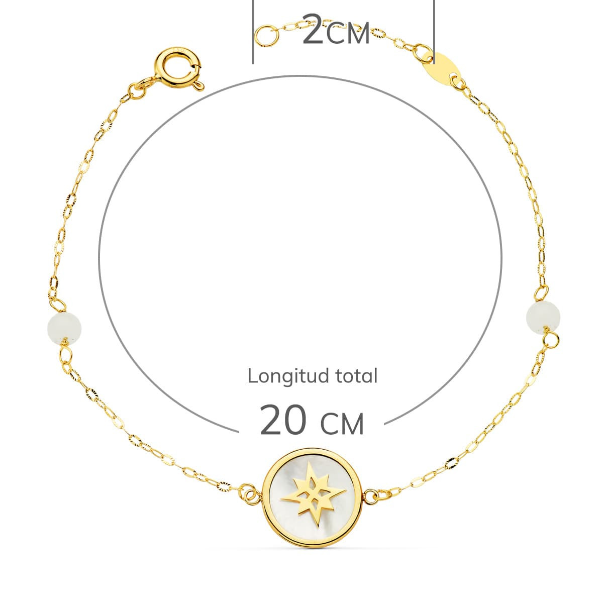 18K PULSERA NACAR Y AMULETO ROSA DE LOS VIENTOS 12 MM Y BOLAS JADE 4 MM CADENA 15   2 CM