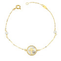 18K PULSERA ORO AMARILLO NACAR CON CRUZ 12 MM Y BOLAS JADE 4 MM CADENA 18   2.5 CM