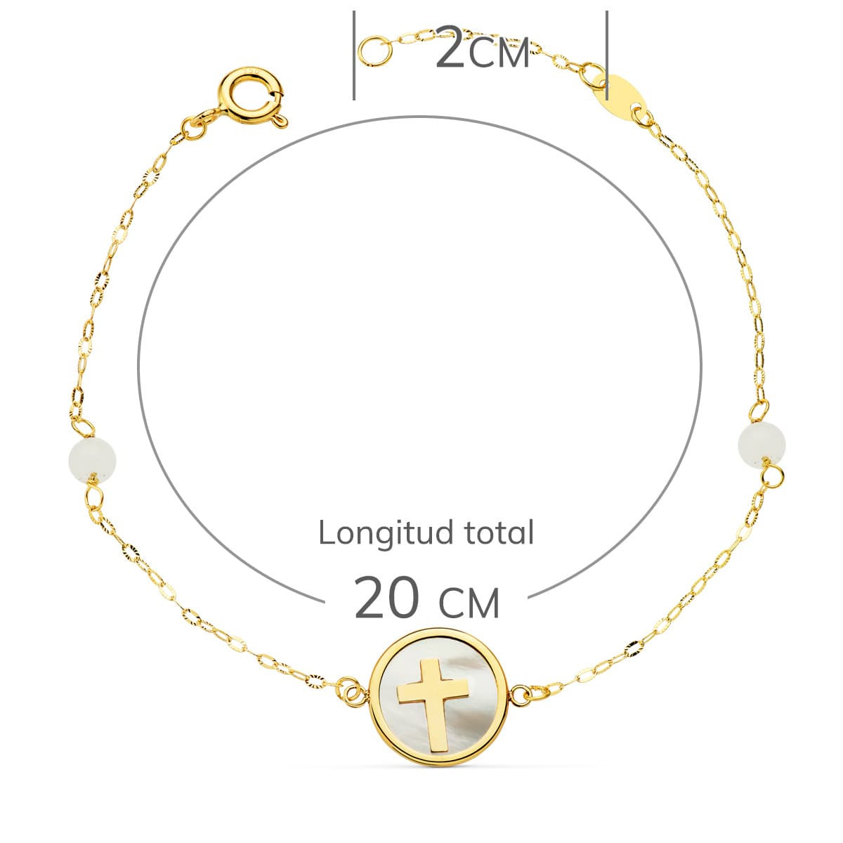 18K PULSERA ORO AMARILLO NACAR CON CRUZ 12 MM Y BOLAS JADE 4 MM CADENA 18   2.5 CM