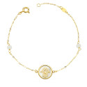 18K PULSERA ORO AMARILLO NACAR CON MANO DE FATIMA 12 MM Y BOLAS JADE 4 MM CADENA 18   2.5 CM