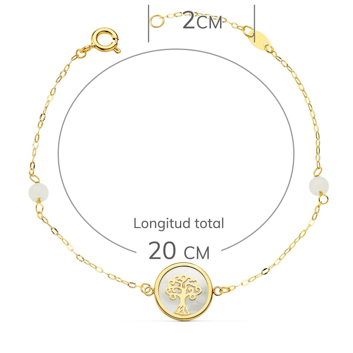 18K PULSERA ORO AMARILLO NACAR CON AMULETO ARBOL DE LA VIDA 12 MM Y BOLAS JADE 4 MM CADENA 18   2.5 CM