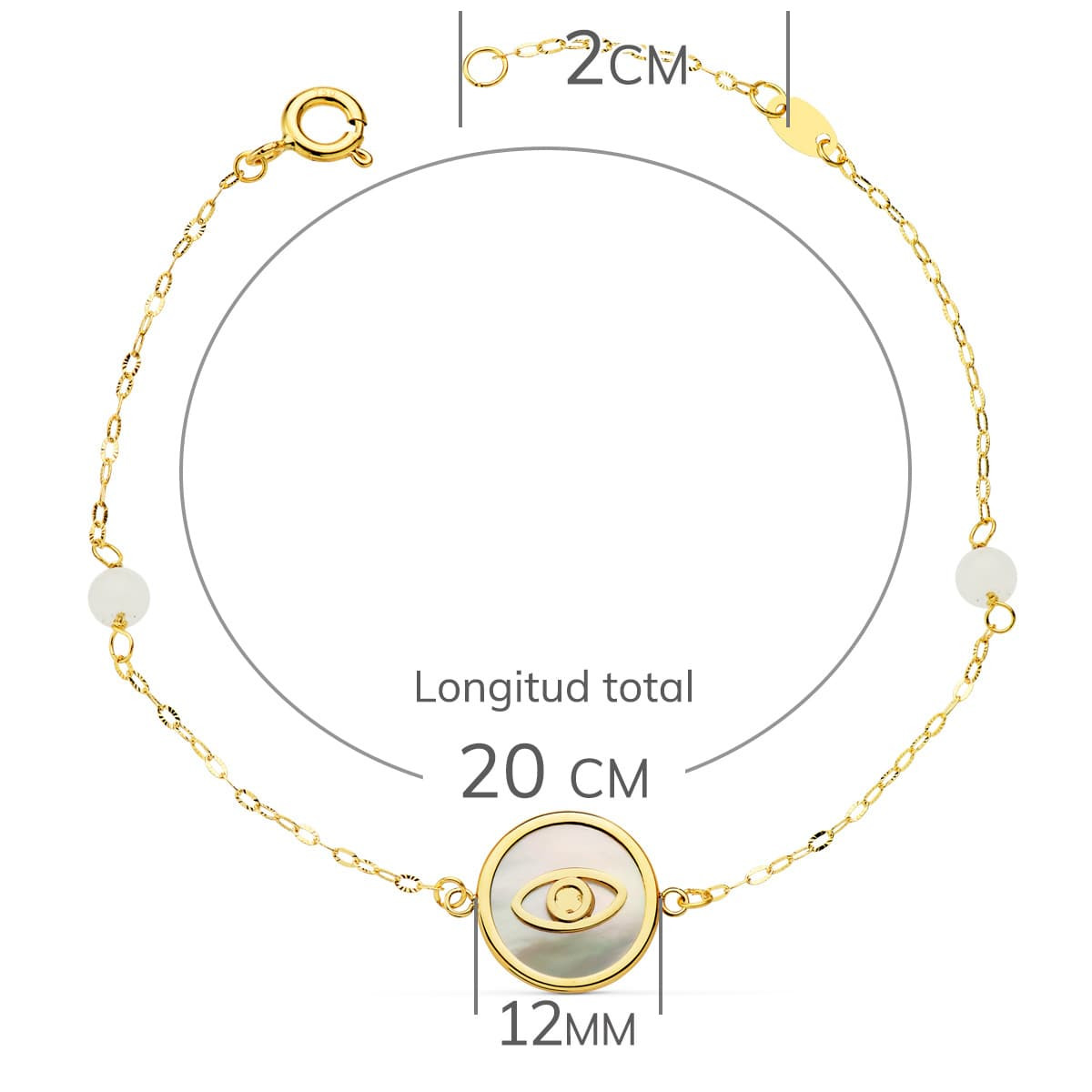 18K PULSERA ORO AMARILLO NACAR CON AMULETO OJO TURCO 12 MM Y BOLAS JADE 4 MM CADENA 18   2.5 CM
