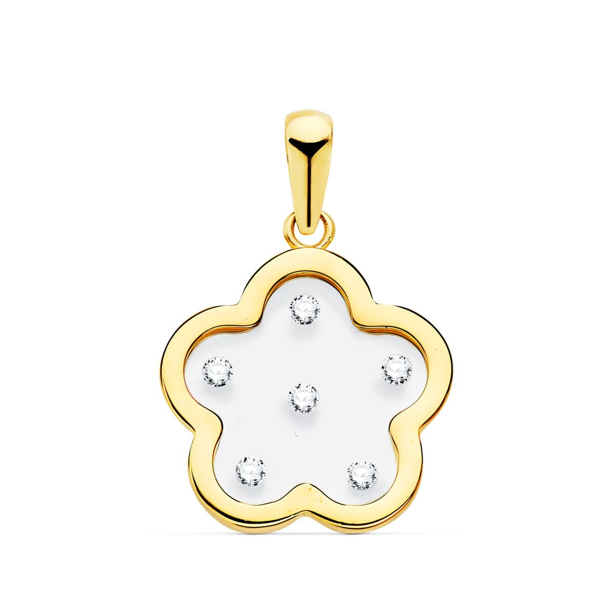 18K COLGANTE AMULETO ORO AMARILLO FLOR AIRSHINE TRANSPARENTE CON CIRCONITA 14X14 MM