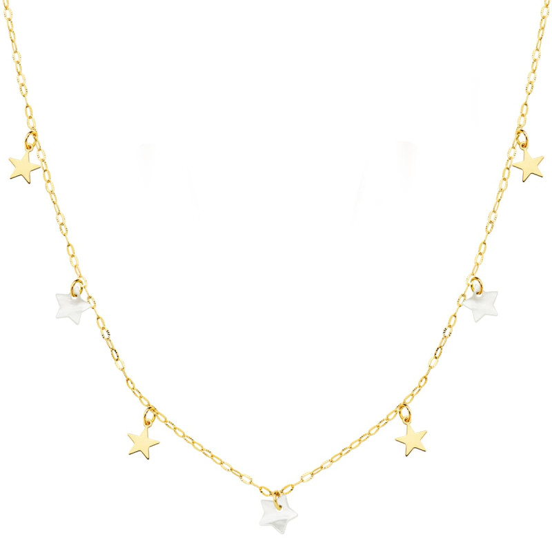 18K GARGANTILLA ORO AMARILLO ESTRELLAS LISAS Y NACAR 5.5 MM CADENA FORZADA 45CM