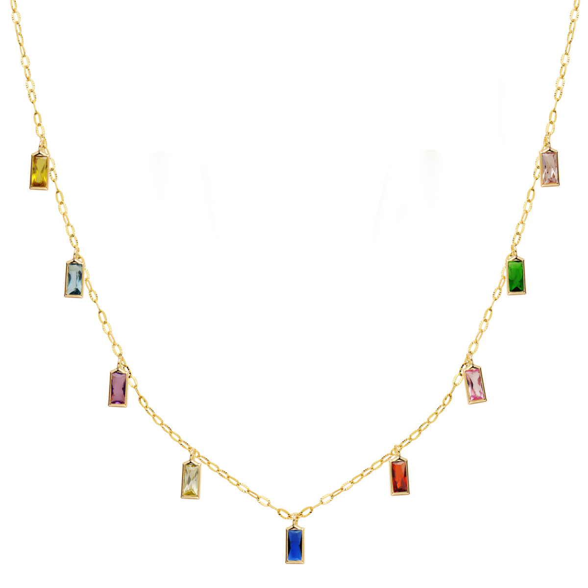 18K GARGANTILLA ORO AMARILLO Y COLGANTES DE CIRCONITA DE COLORES CADENA 42+3 CM