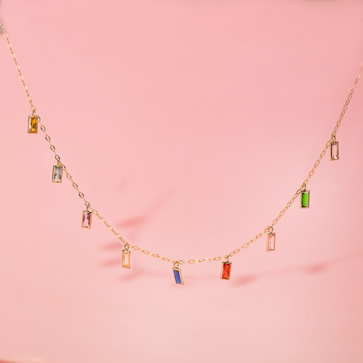 18K GARGANTILLA ORO AMARILLO Y COLGANTES DE CIRCONITA DE COLORES CADENA 42+3 CM